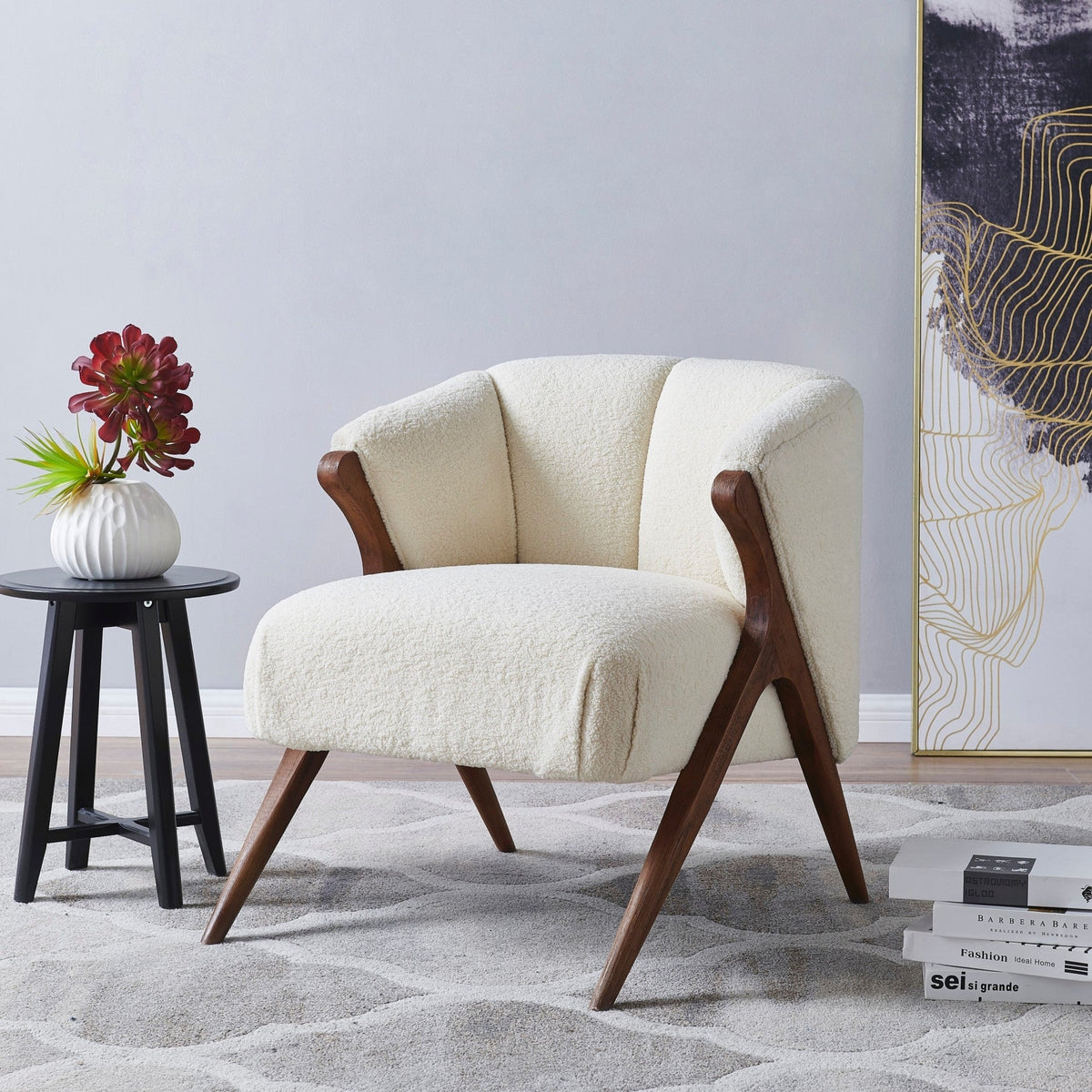 Modern Cream Bouclé Accent Chair with Solid Wood Frame