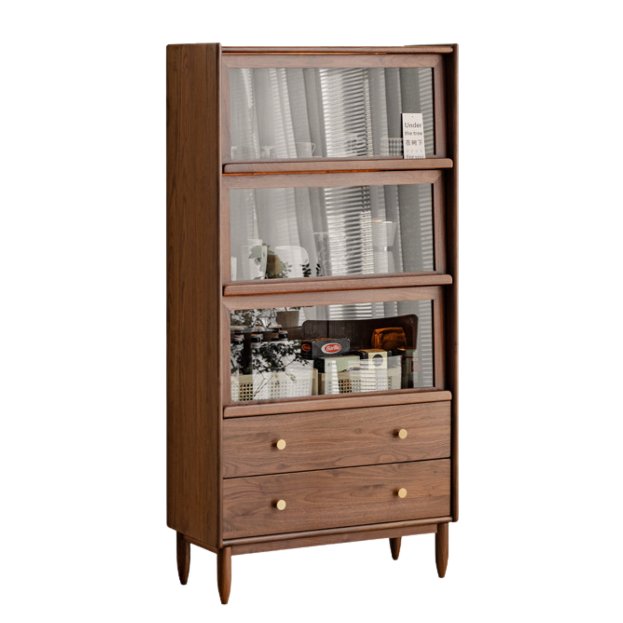 Modern Walnut Glass Display Cabinet with Double Drawer Storage