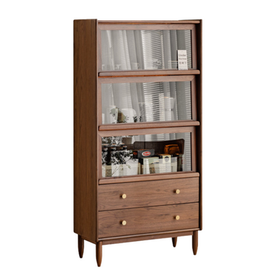 Modern Walnut Glass Display Cabinet with Double Drawer Storage