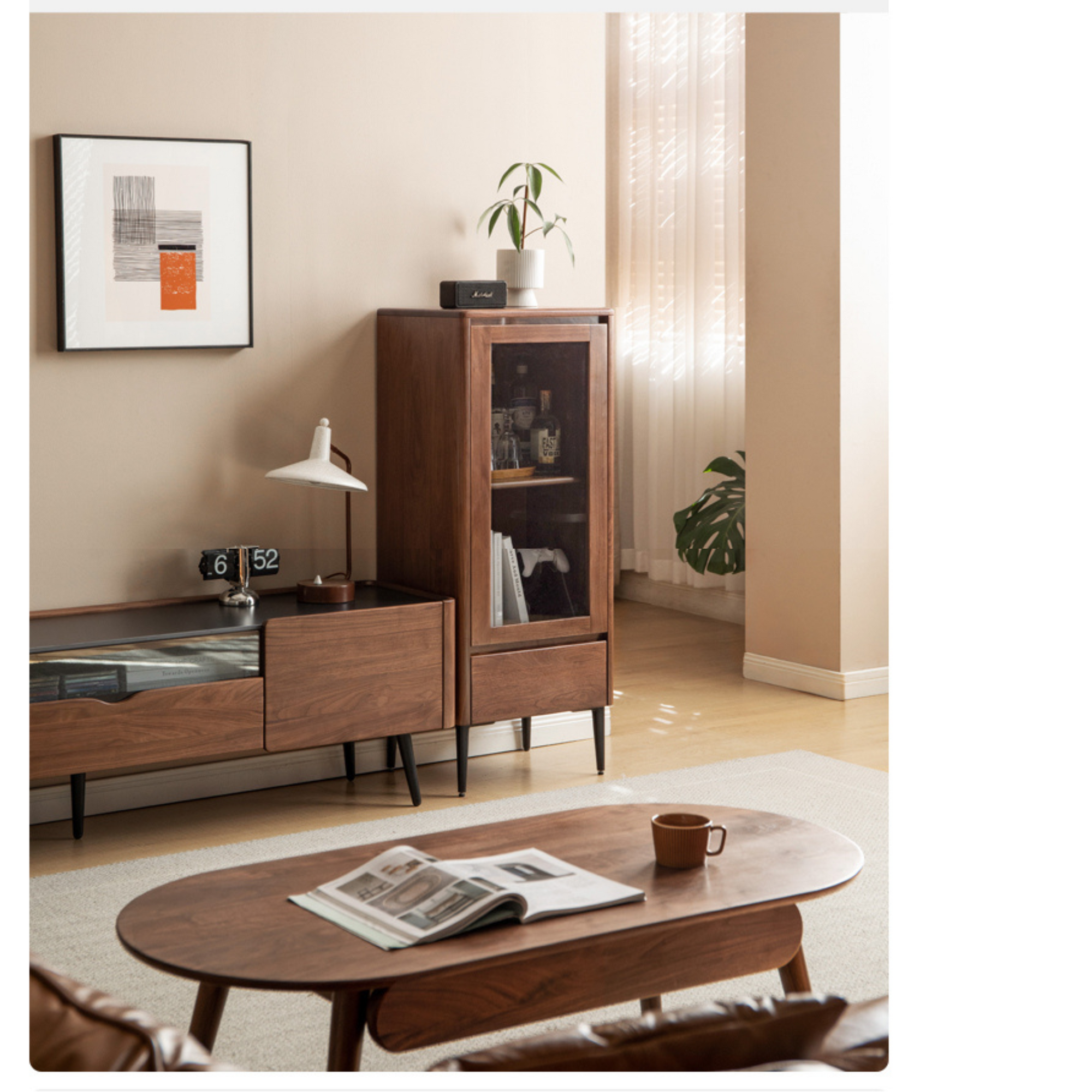 Modern Walnut Glass Display Storage Cabinet