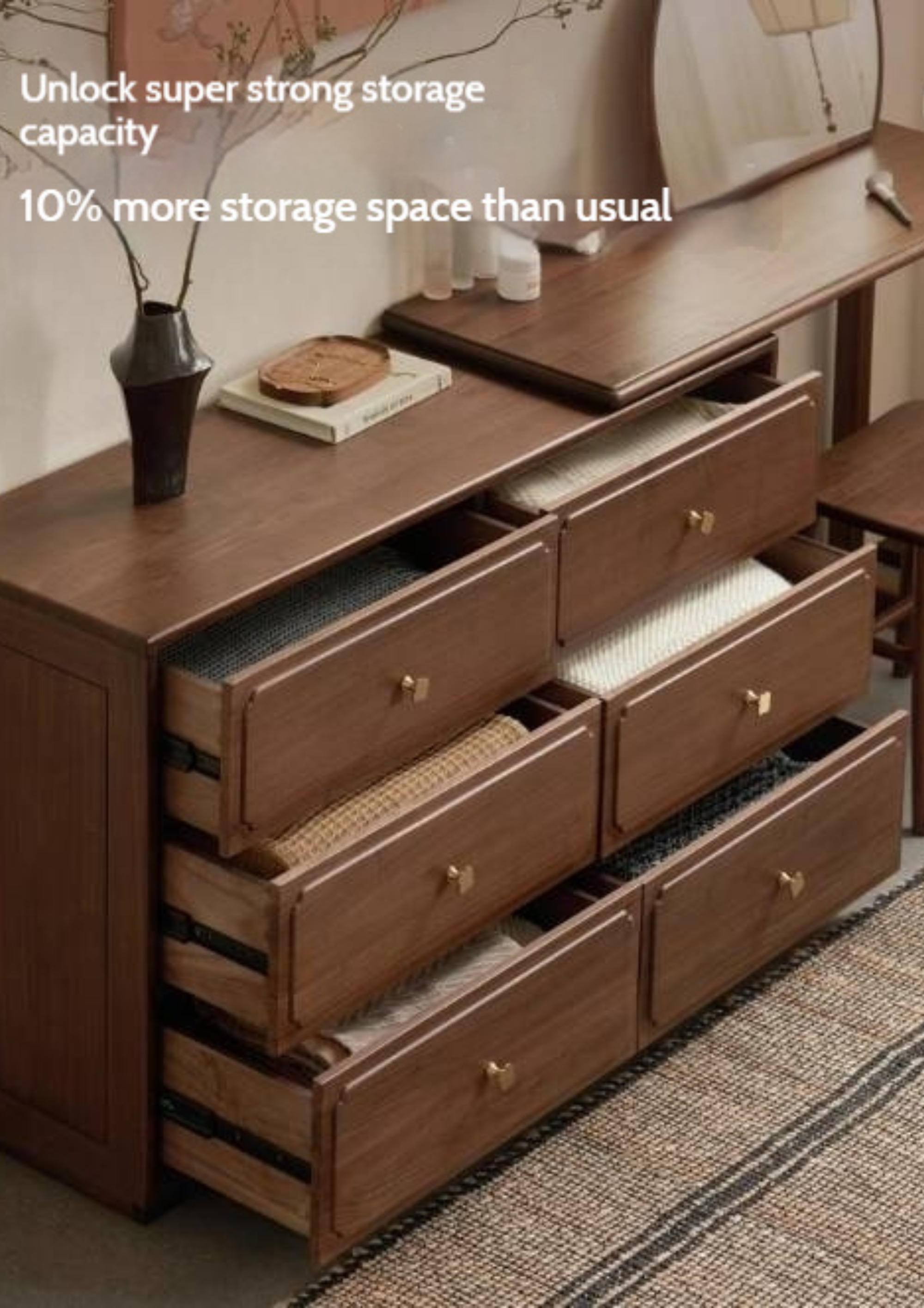 Modern Walnut Vanity Desk with 6 Drawer Storage