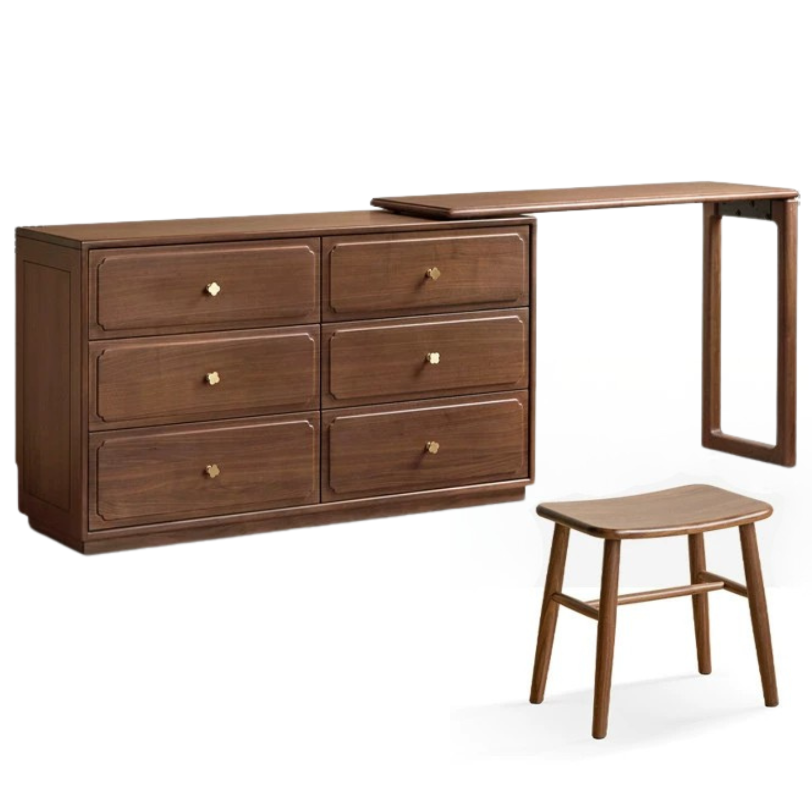 Modern Walnut Vanity Desk with 6 Drawer Storage