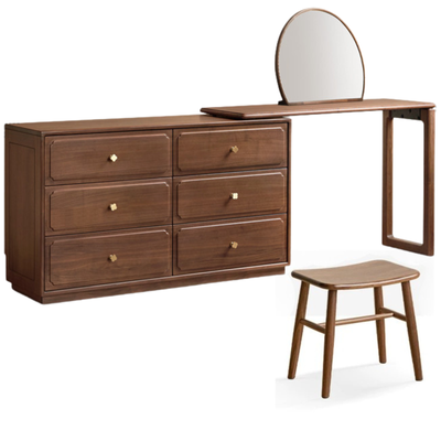 Modern Walnut Vanity Desk with 6 Drawer Storage