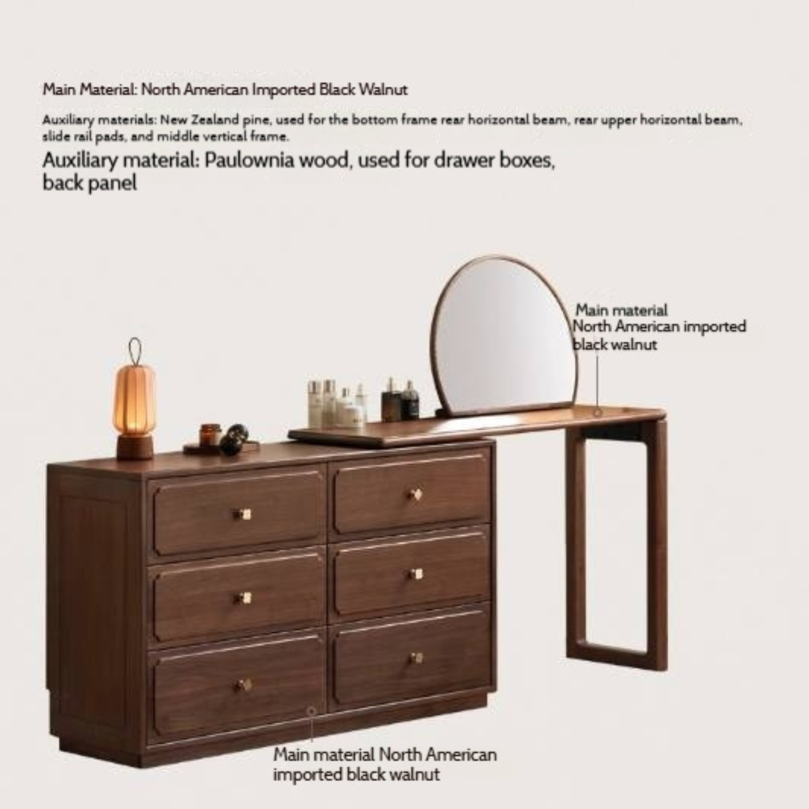 Modern Walnut Vanity Desk with 6 Drawer Storage