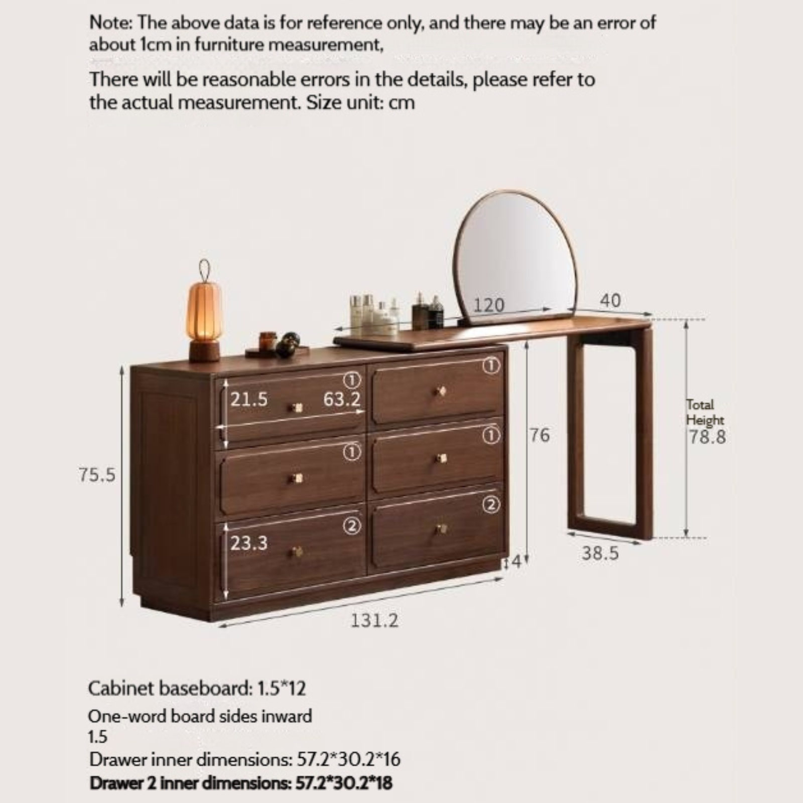 Modern Walnut Vanity Desk with 6 Drawer Storage
