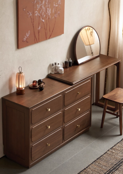 Modern Walnut Vanity Desk with 6 Drawer Storage