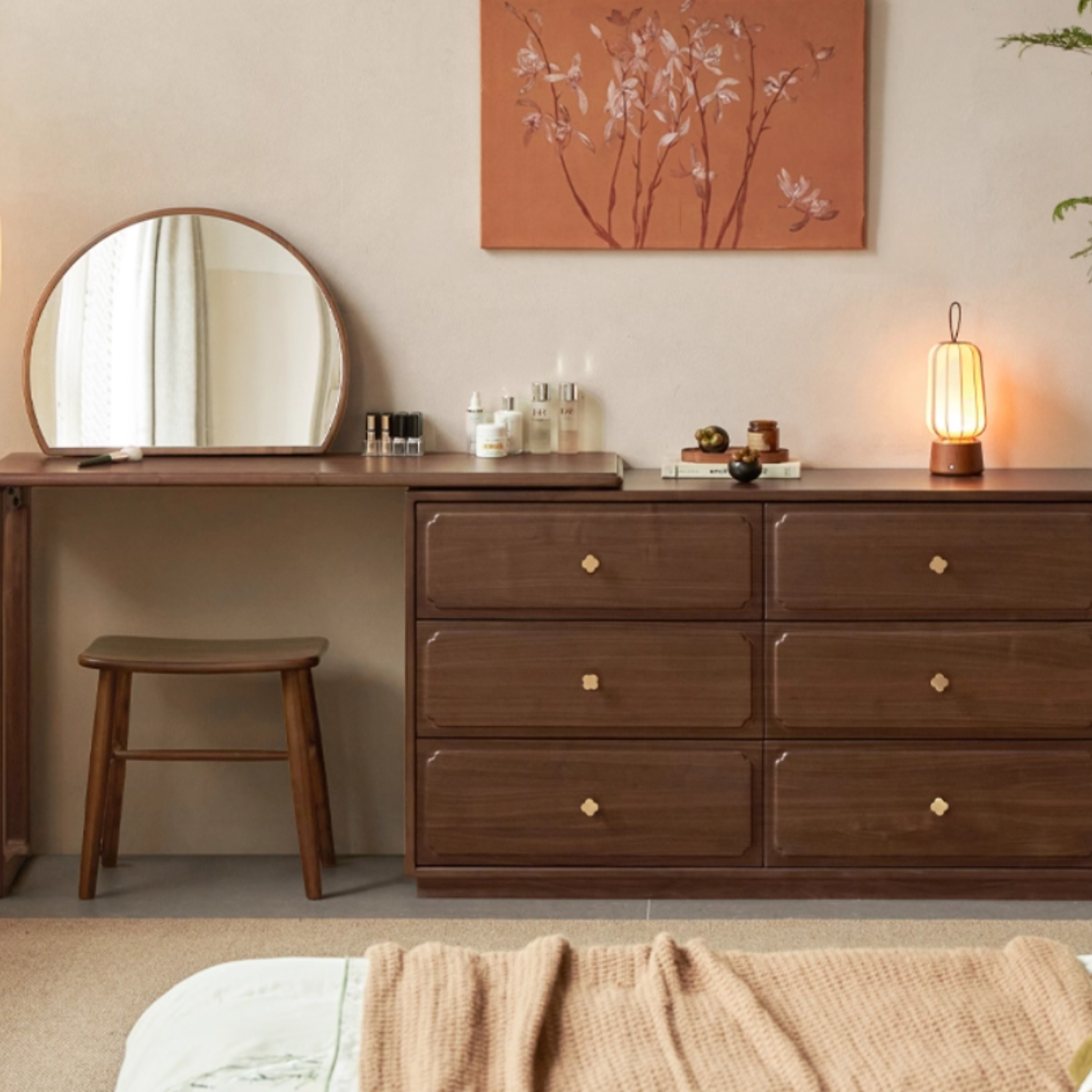 Modern Walnut Vanity Desk with 6 Drawer Storage