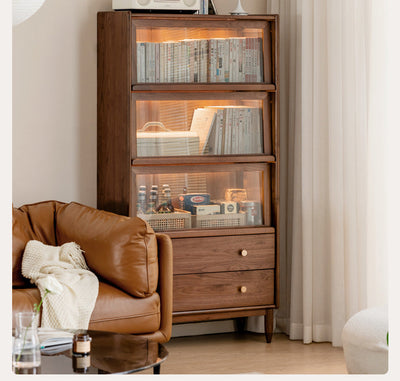 Modern Walnut Glass Display Cabinet with Double Drawer Storage