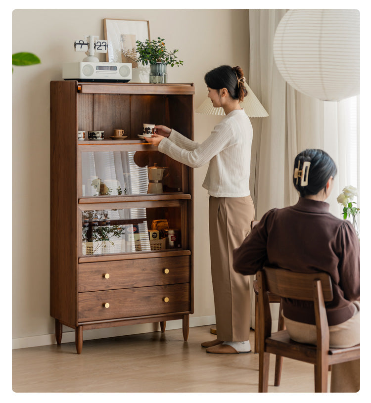 Modern Walnut Glass Display Cabinet with Double Drawer Storage