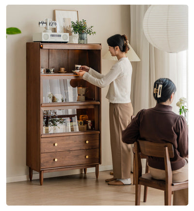 Modern Walnut Glass Display Cabinet with Double Drawer Storage
