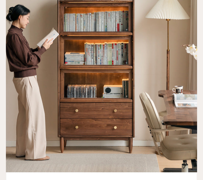 Modern Walnut Glass Display Cabinet with Double Drawer Storage