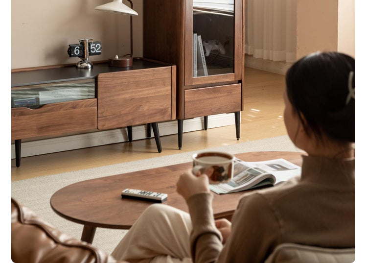 Modern Walnut Glass Display Storage Cabinet