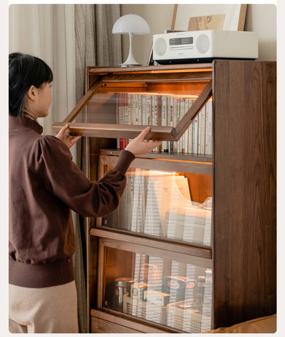 Modern Walnut Glass Display Cabinet with Double Drawer Storage