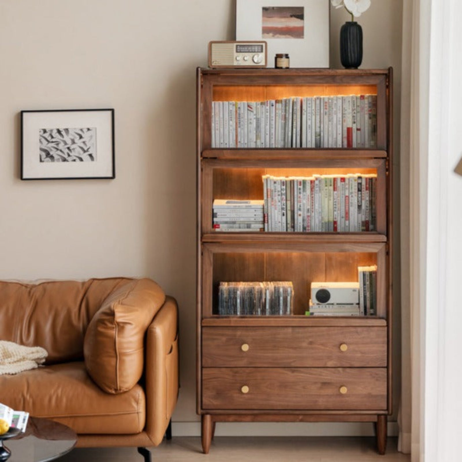 Modern Walnut Glass Display Cabinet with Double Drawer Storage