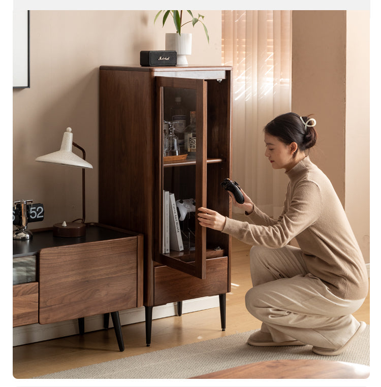 Modern Walnut Glass Display Storage Cabinet