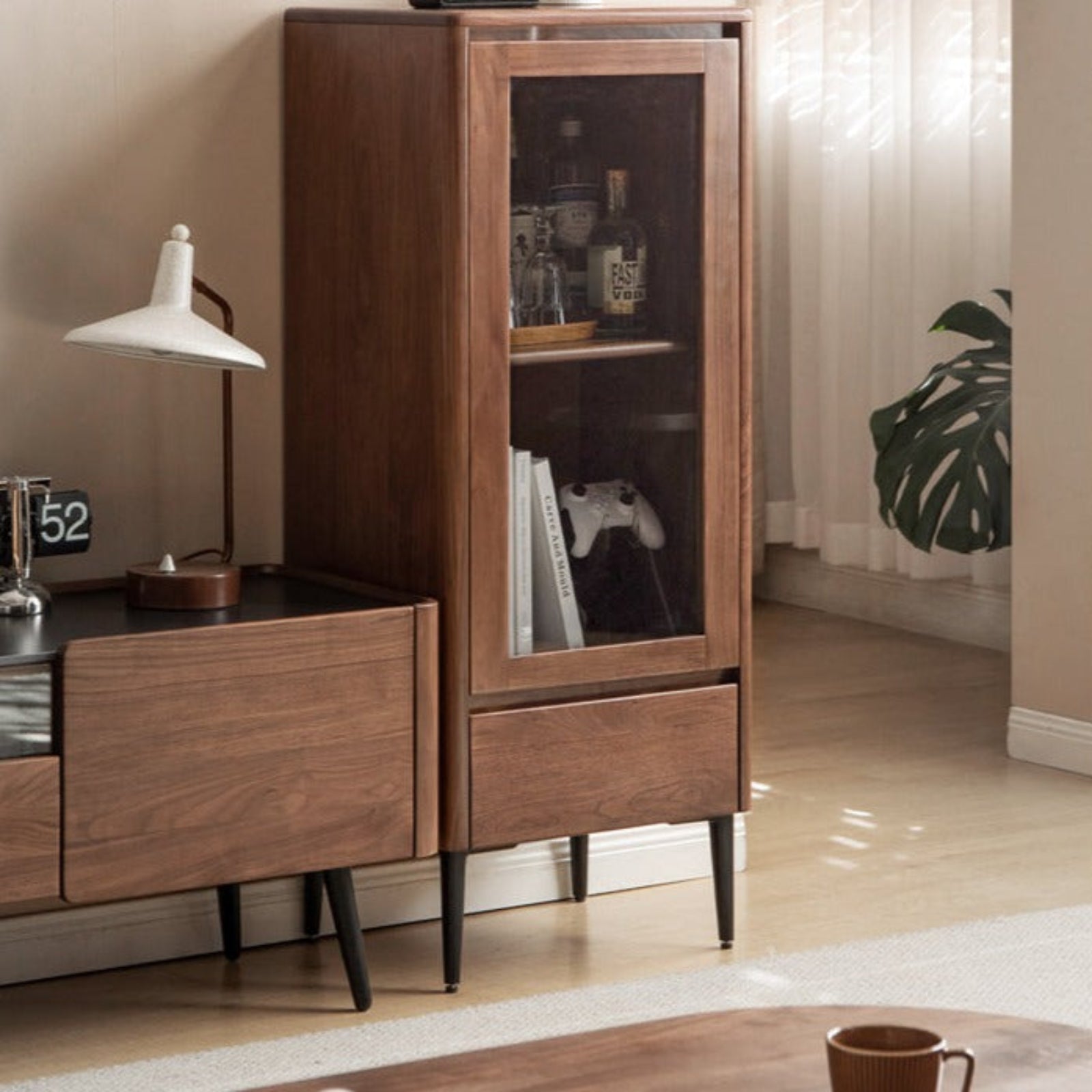 Modern Walnut Glass Display Storage Cabinet