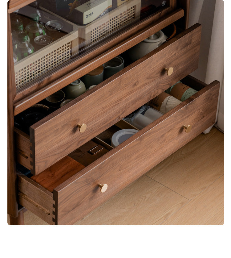 Modern Walnut Glass Display Cabinet with Double Drawer Storage