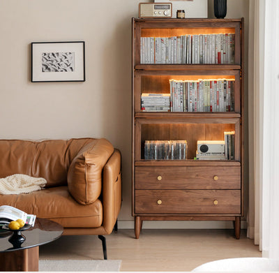 Modern Walnut Glass Display Cabinet with Double Drawer Storage