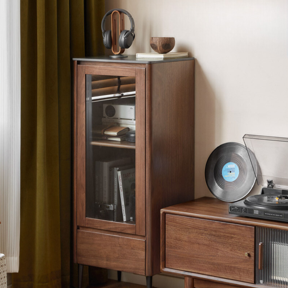 Modern Walnut Glass Display Storage Cabinet