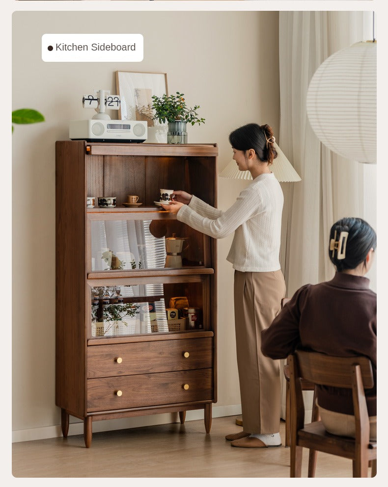 Modern Walnut Glass Display Cabinet with Double Drawer Storage