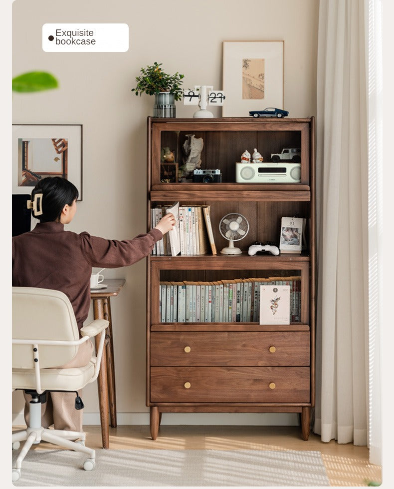 Modern Walnut Glass Display Cabinet with Double Drawer Storage