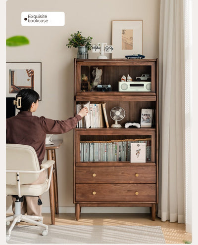 Modern Walnut Glass Display Cabinet with Double Drawer Storage