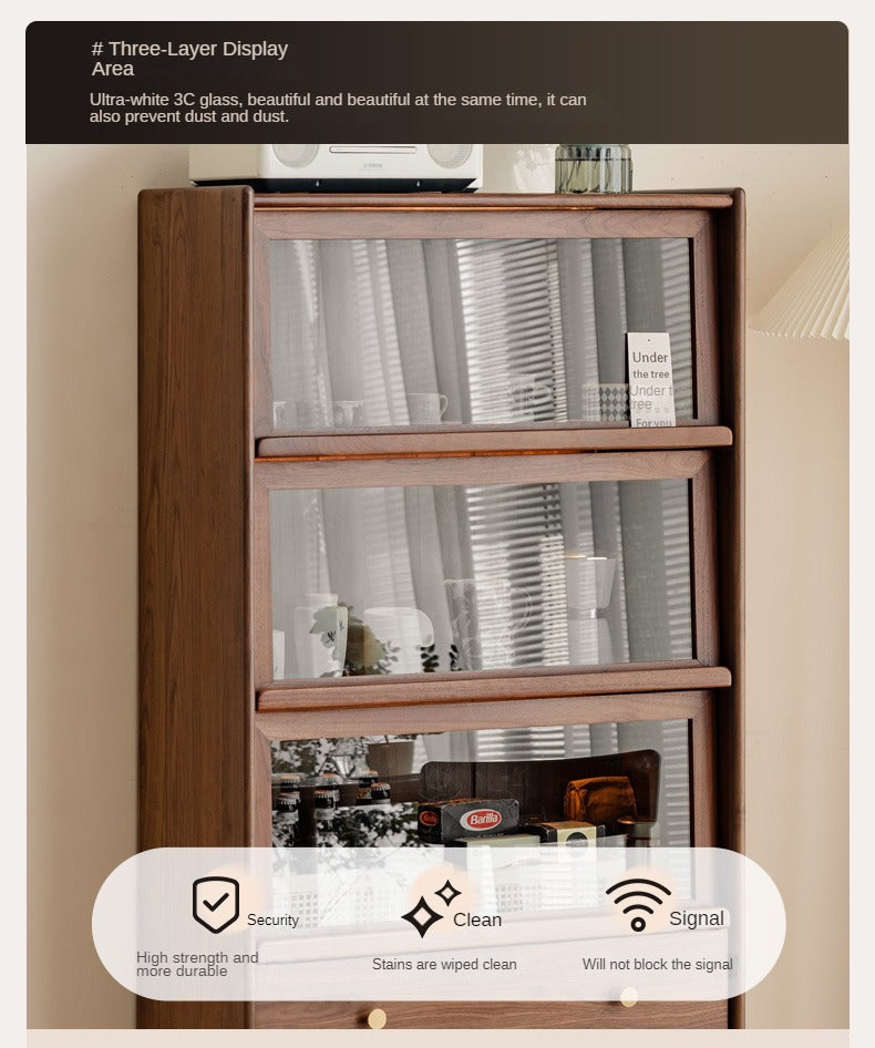 Modern Walnut Glass Display Cabinet with Double Drawer Storage