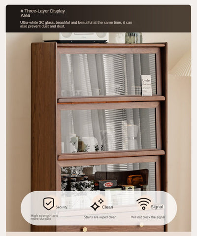 Modern Walnut Glass Display Cabinet with Double Drawer Storage