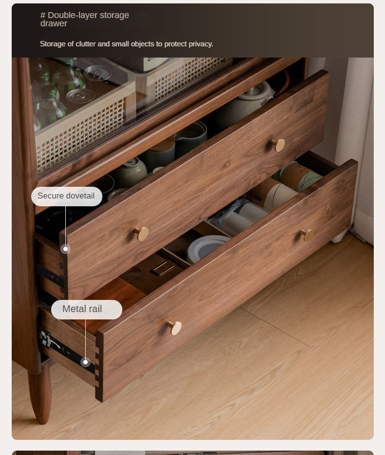 Modern Walnut Glass Display Cabinet with Double Drawer Storage