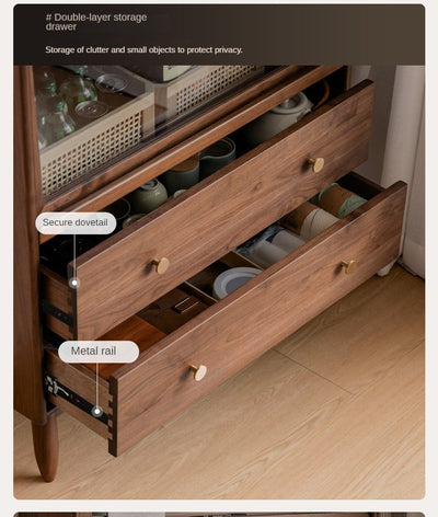 Modern Walnut Glass Display Cabinet with Double Drawer Storage