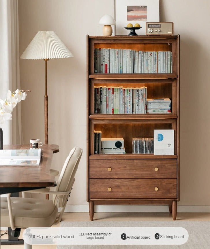 Modern Walnut Glass Display Cabinet with Double Drawer Storage