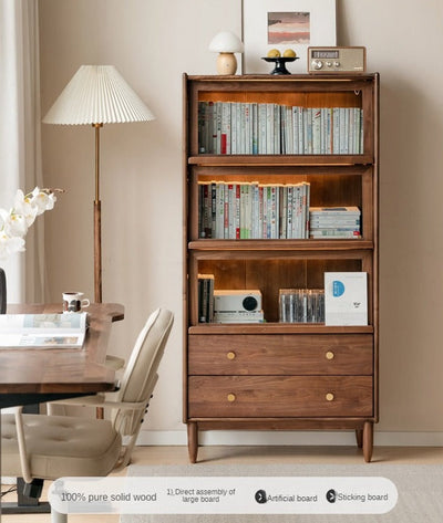 Modern Walnut Glass Display Cabinet with Double Drawer Storage