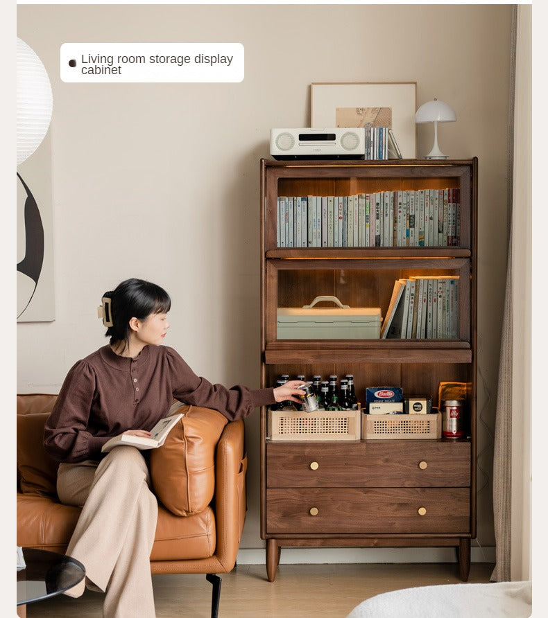 Modern Walnut Glass Display Cabinet with Double Drawer Storage
