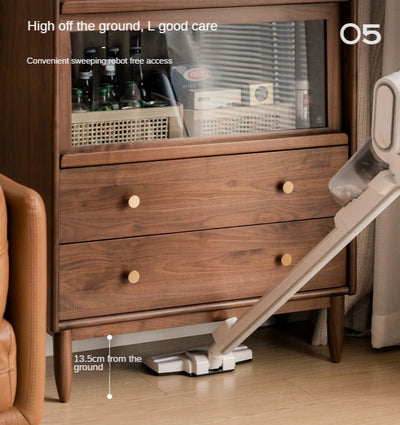 Modern Walnut Glass Display Cabinet with Double Drawer Storage