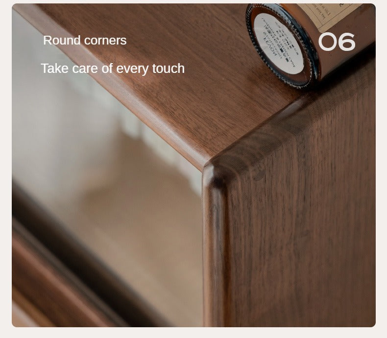 Modern Walnut Glass Display Cabinet with Double Drawer Storage