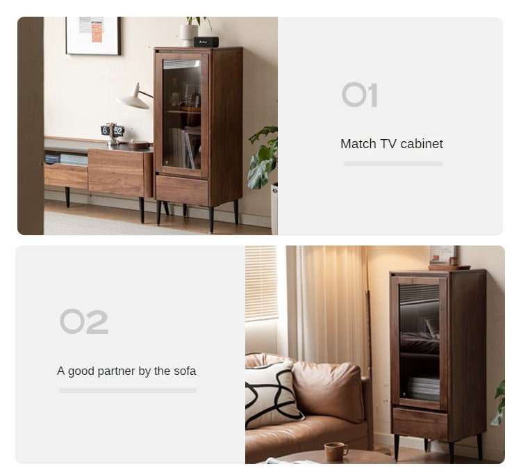 Modern Walnut Glass Display Storage Cabinet