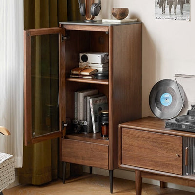 Modern Walnut Glass Display Storage Cabinet
