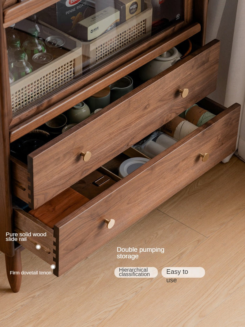 Modern Walnut Glass Display Cabinet with Double Drawer Storage