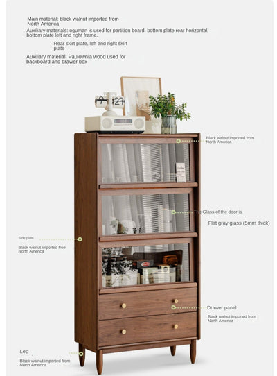 Modern Walnut Glass Display Cabinet with Double Drawer Storage
