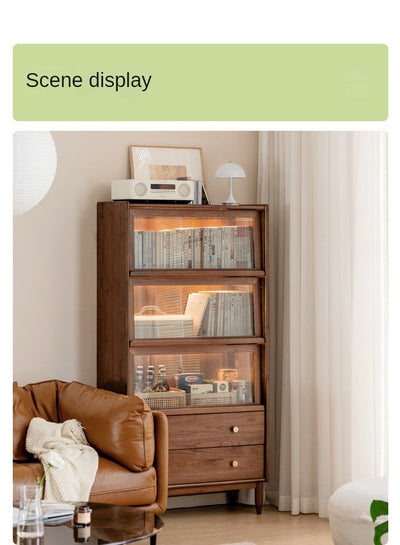 Modern Walnut Glass Display Cabinet with Double Drawer Storage