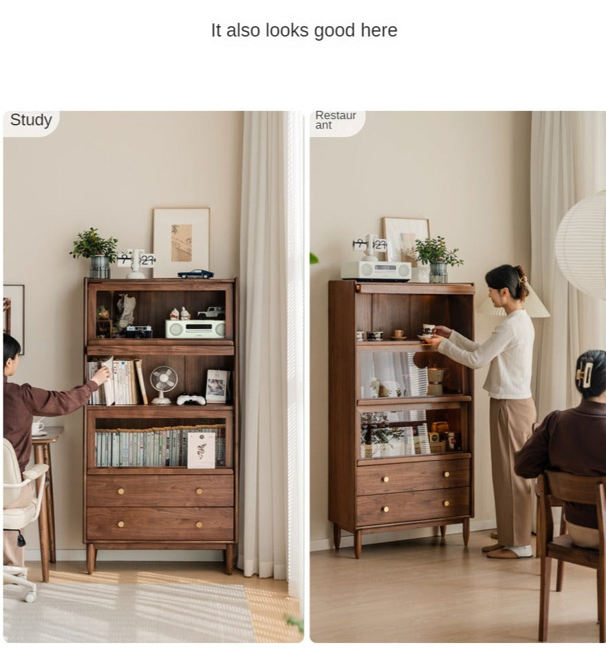 Modern Walnut Glass Display Cabinet with Double Drawer Storage