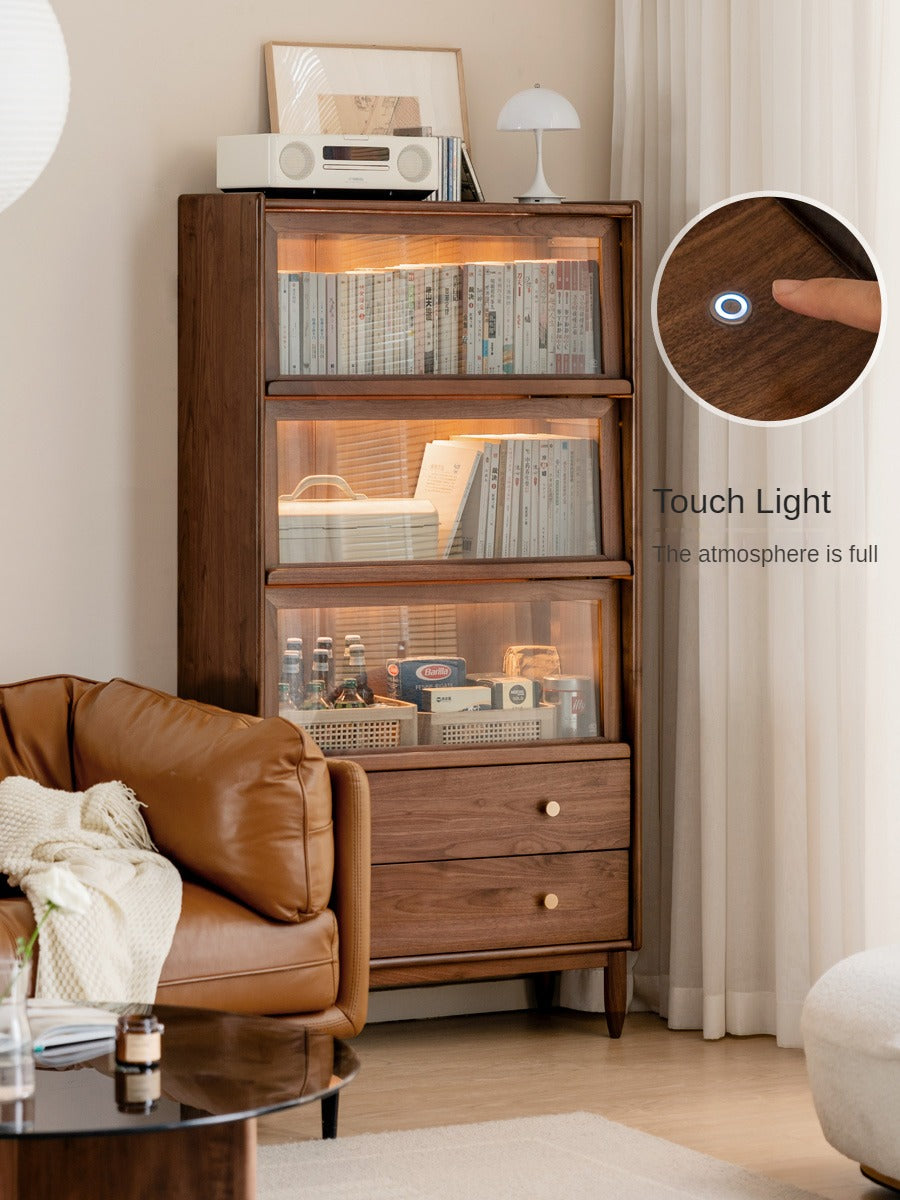 Modern Walnut Glass Display Cabinet with Double Drawer Storage