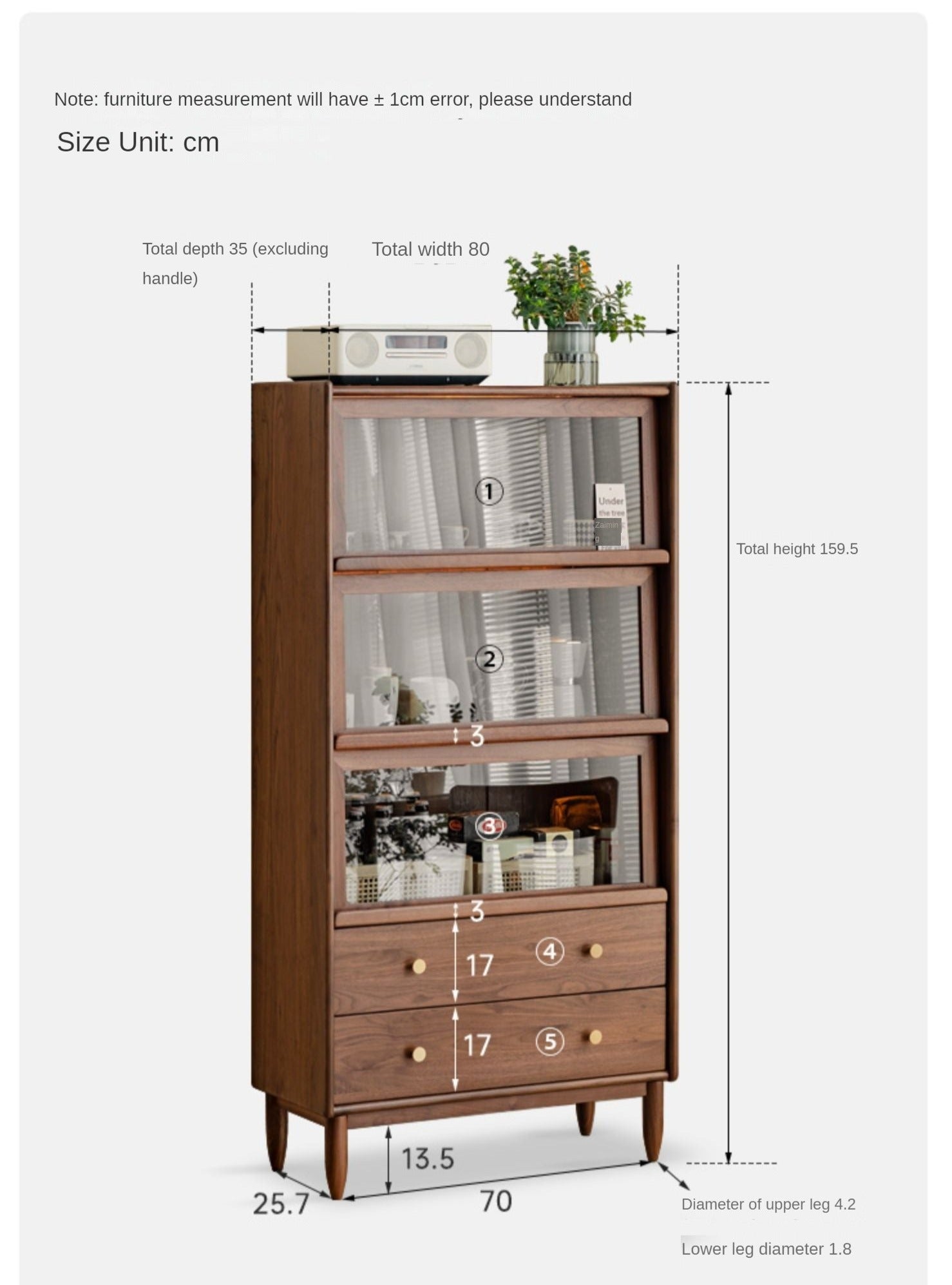 Modern Walnut Glass Display Cabinet with Double Drawer Storage
