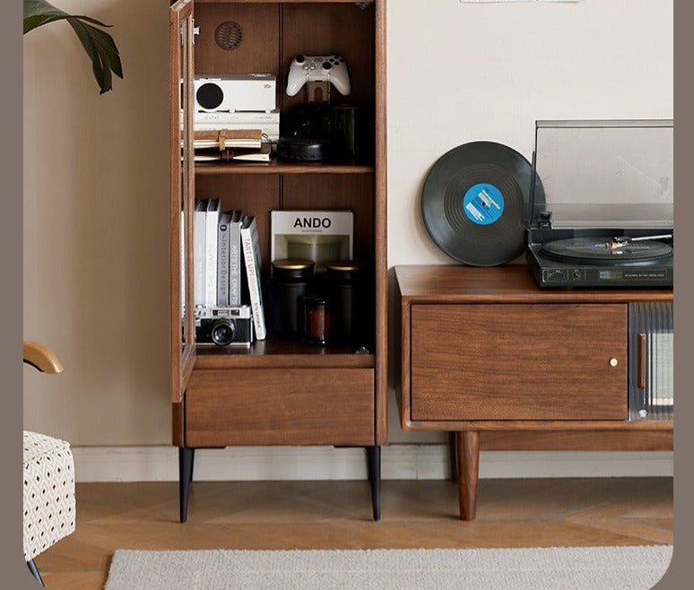 Modern Walnut Glass Display Storage Cabinet